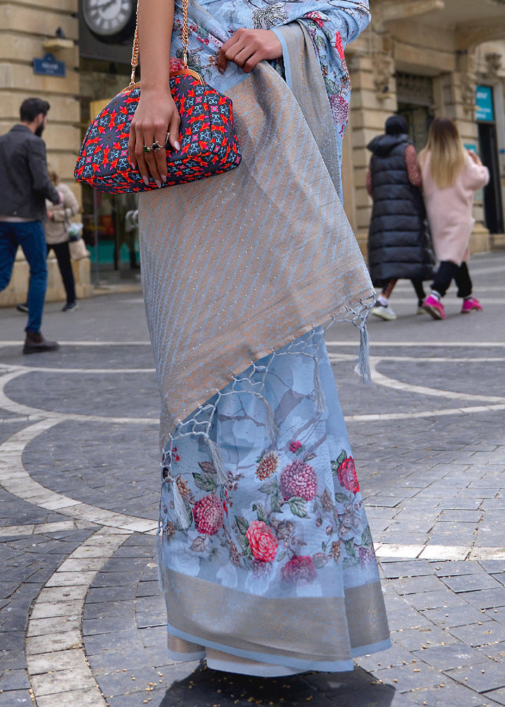 Sky Blue Printed Soft Silk Saree