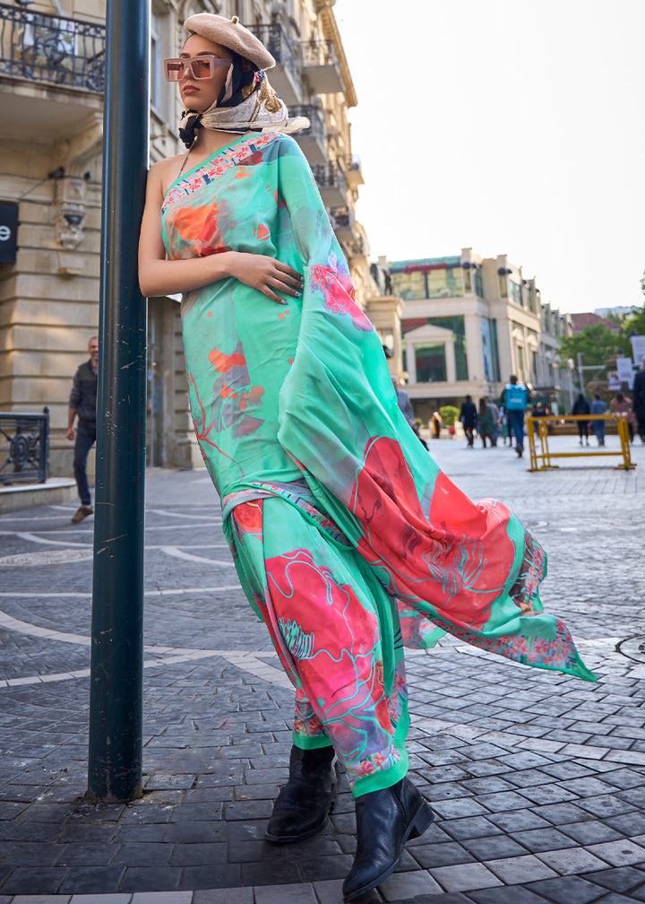 Mint Green Digital Printed Crepe Silk Saree