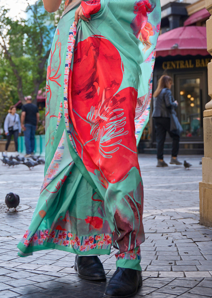 Mint Green Digital Printed Crepe Silk Saree