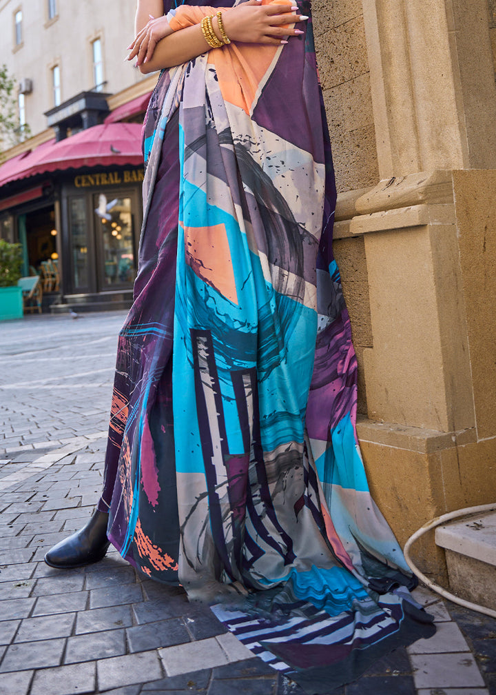 Multicolored Digital Printed Crepe Silk Saree