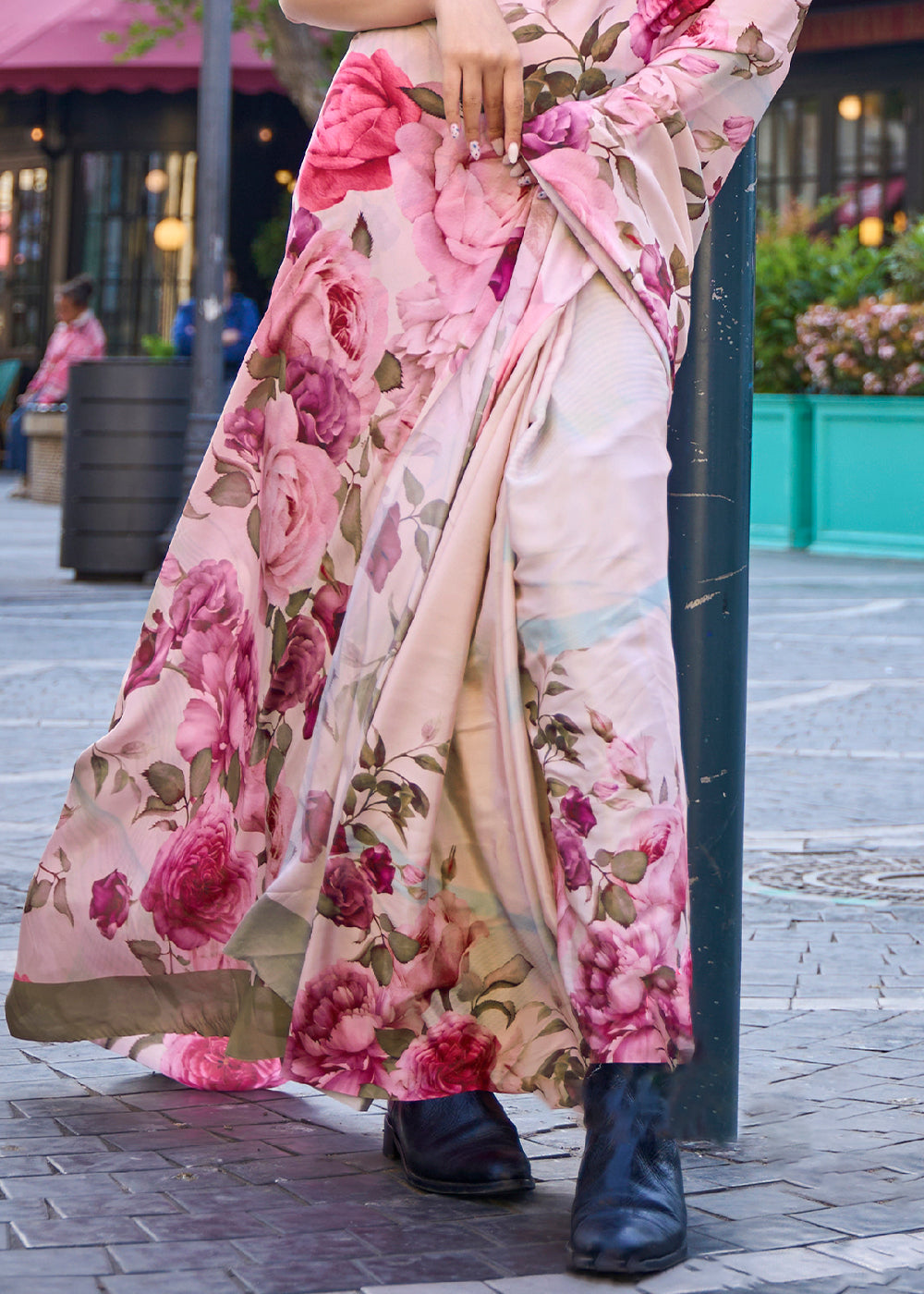 Pearl White Digital Printed Crepe Silk Saree