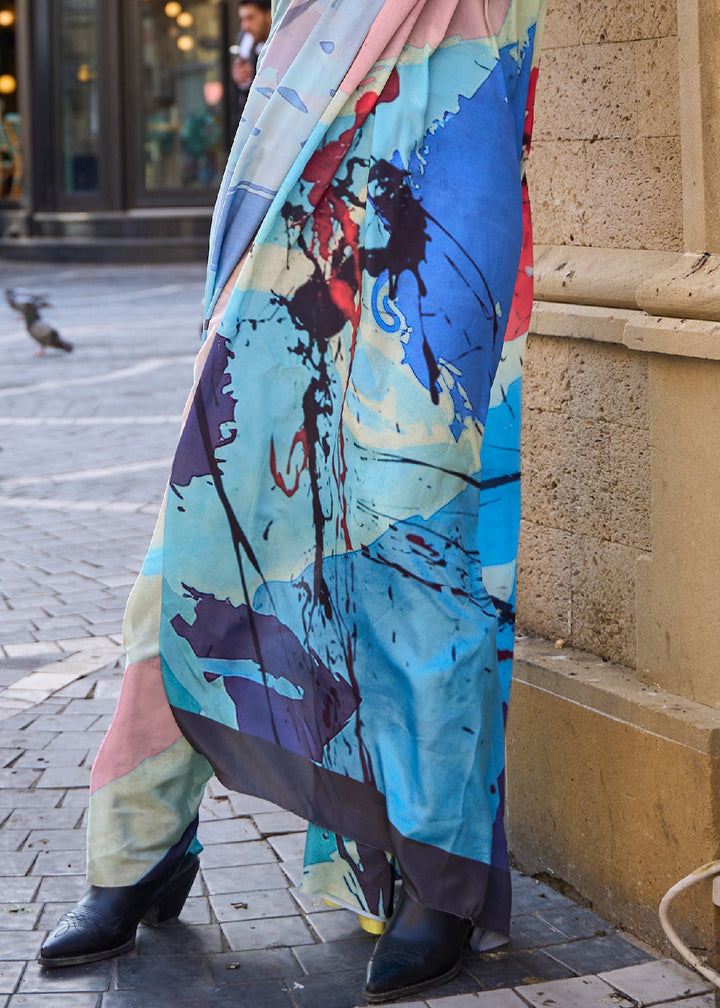 Shades Of Blue Digital Printed Crepe Silk Saree