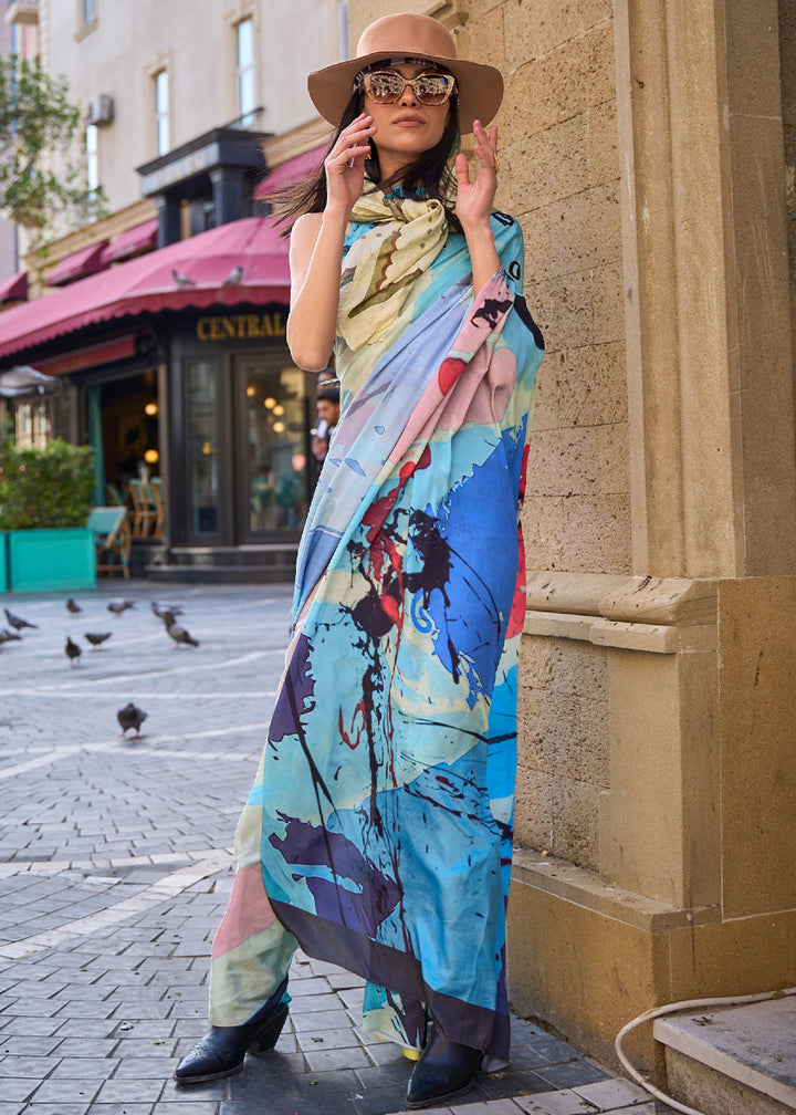 Shades Of Blue Digital Printed Crepe Silk Saree