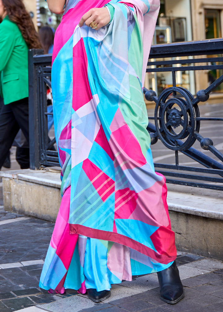 Blue & Green Digital Printed Crepe Silk Saree