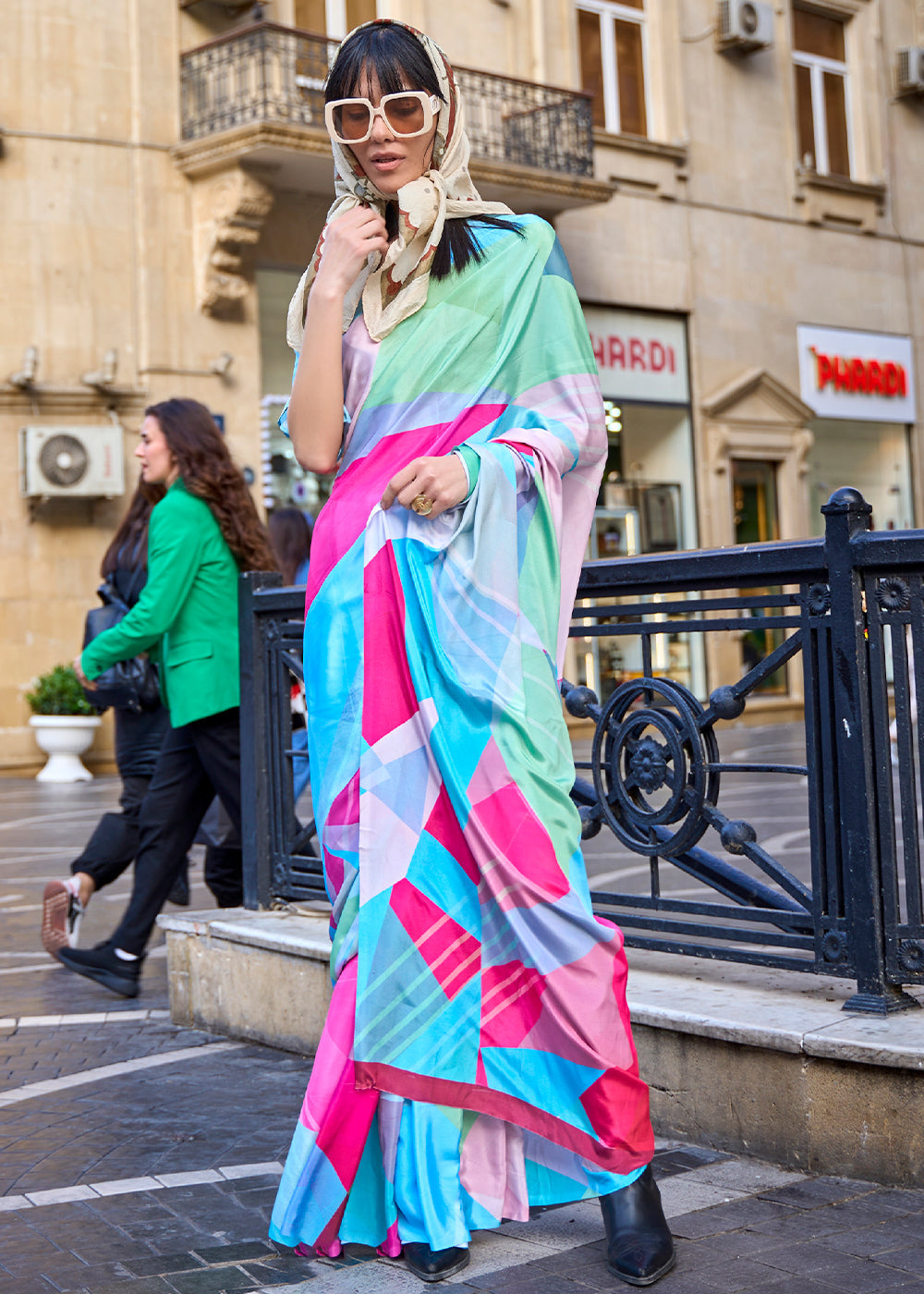 Blue & Green Digital Printed Crepe Silk Saree