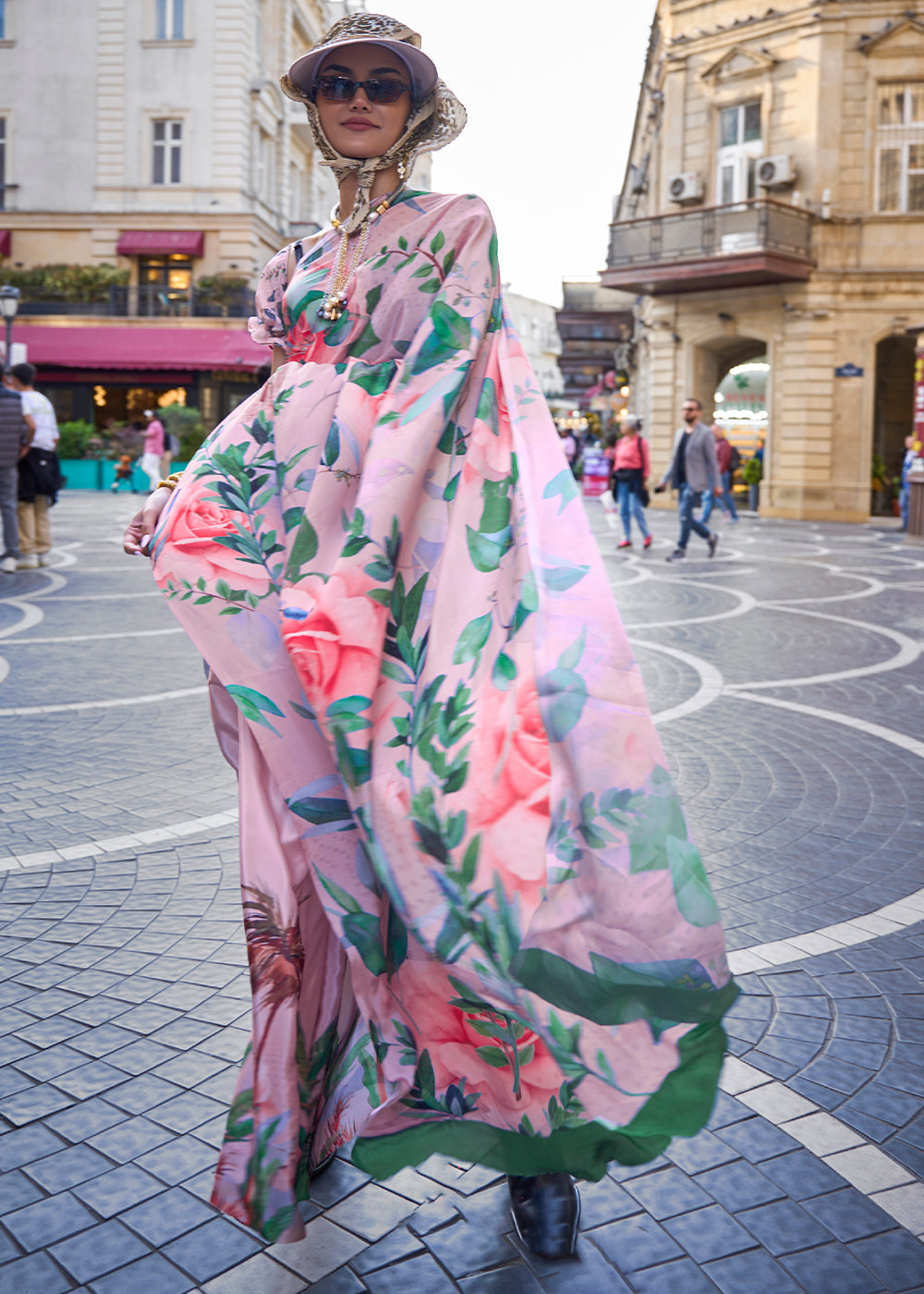 Baby Pink Digital Printed Crepe Silk Saree