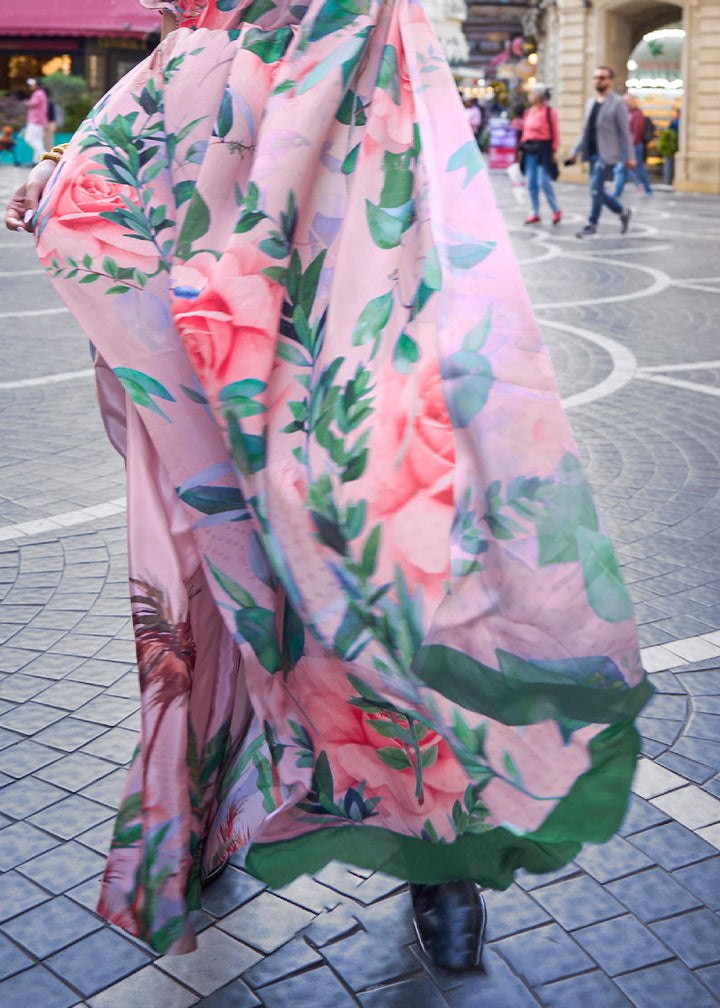 Baby Pink Digital Printed Crepe Silk Saree