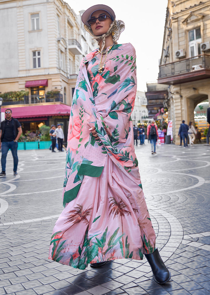 Baby Pink Digital Printed Crepe Silk Saree