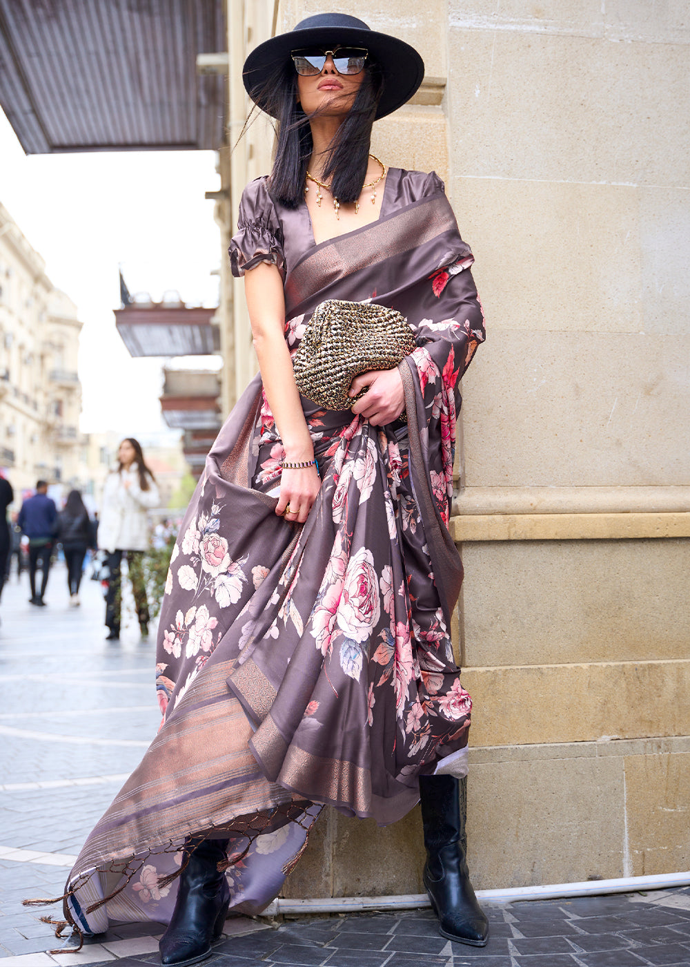 Domson Purple Digital Floral Printed Silk Saree