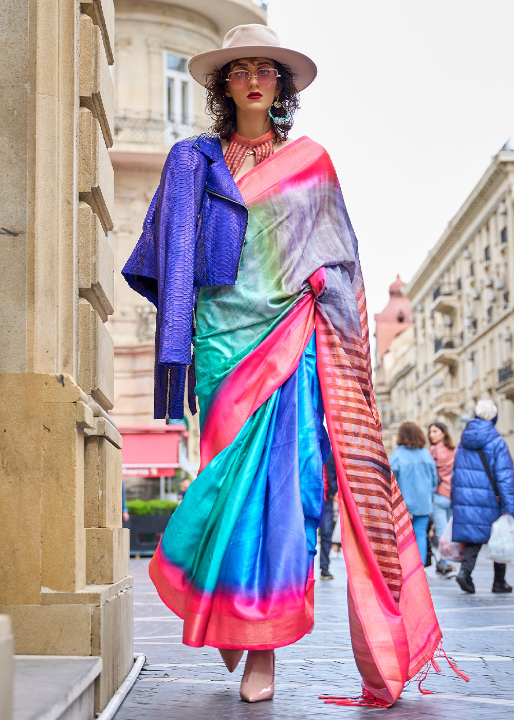 Multi Colored Digital Floral Printed Silk Saree