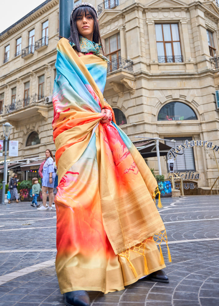 Yellow & Blue Digital Floral Printed Silk Saree