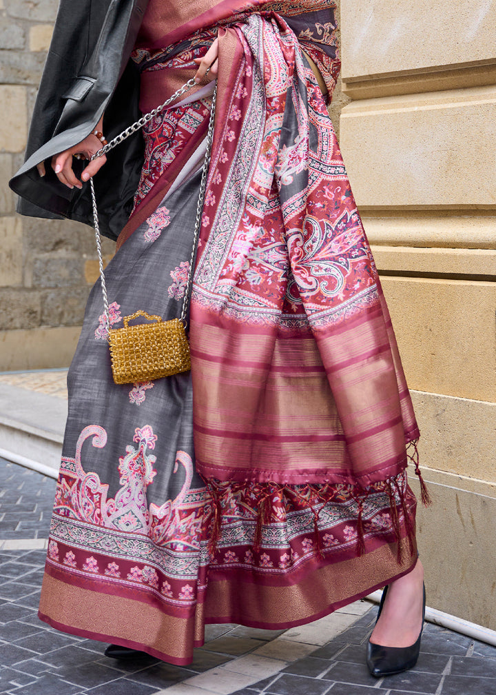 Grey & Pink Digital Floral Printed Silk Saree