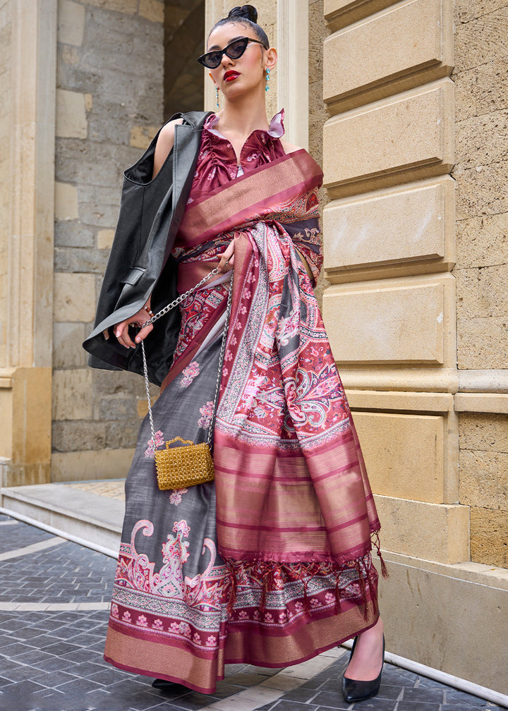 Grey & Pink Digital Floral Printed Silk Saree