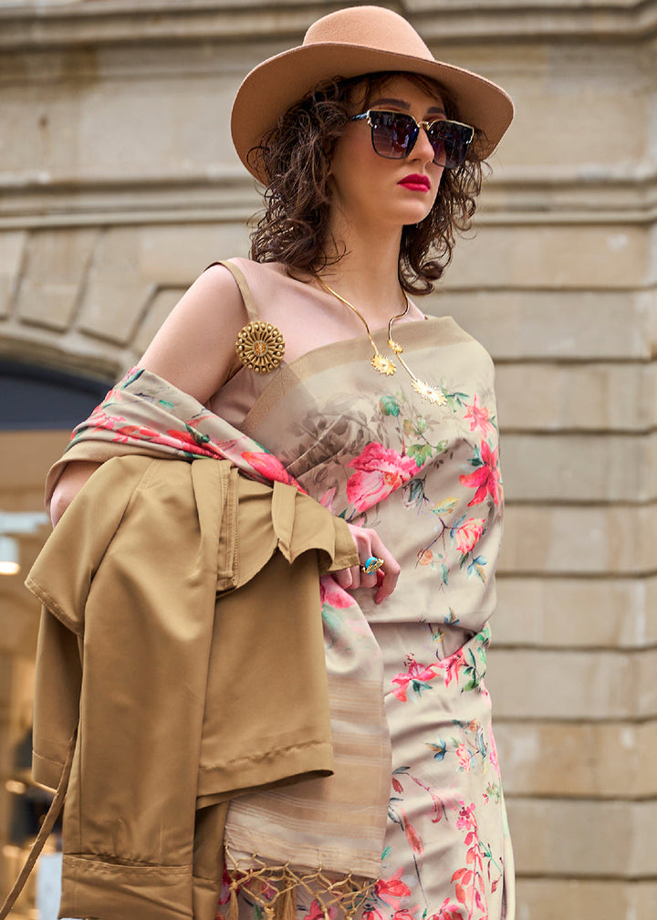 Tan Brown Digital Floral Printed Silk Saree