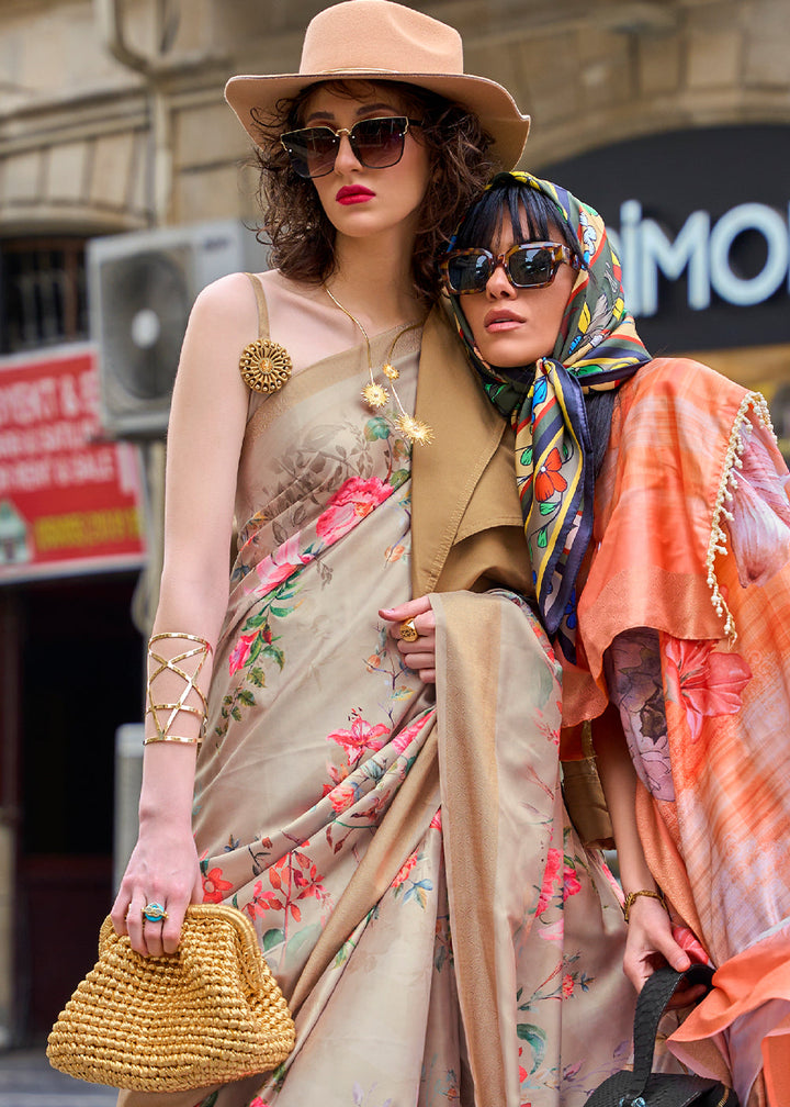 Tan Brown Digital Floral Printed Silk Saree