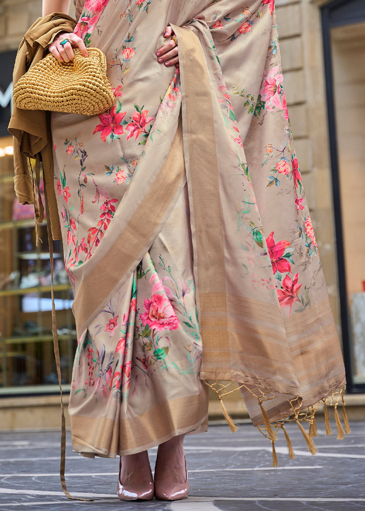 Tan Brown Digital Floral Printed Silk Saree