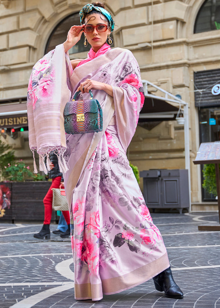 Lavender Purple Digital Floral Printed Silk Saree