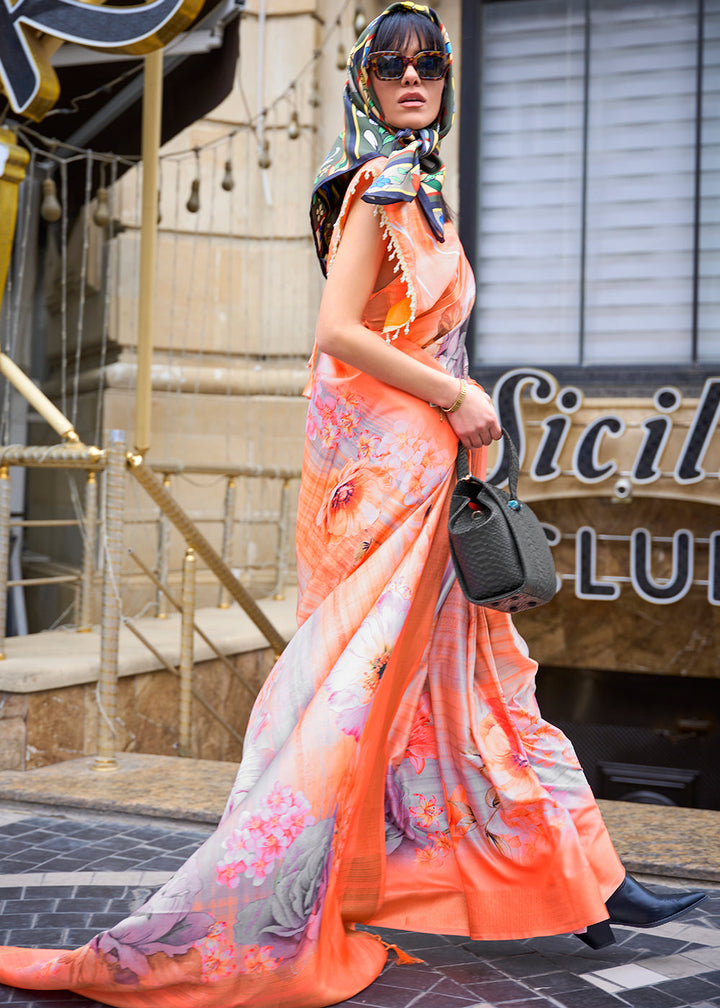 Neon Orange Digital Floral Printed Silk Saree