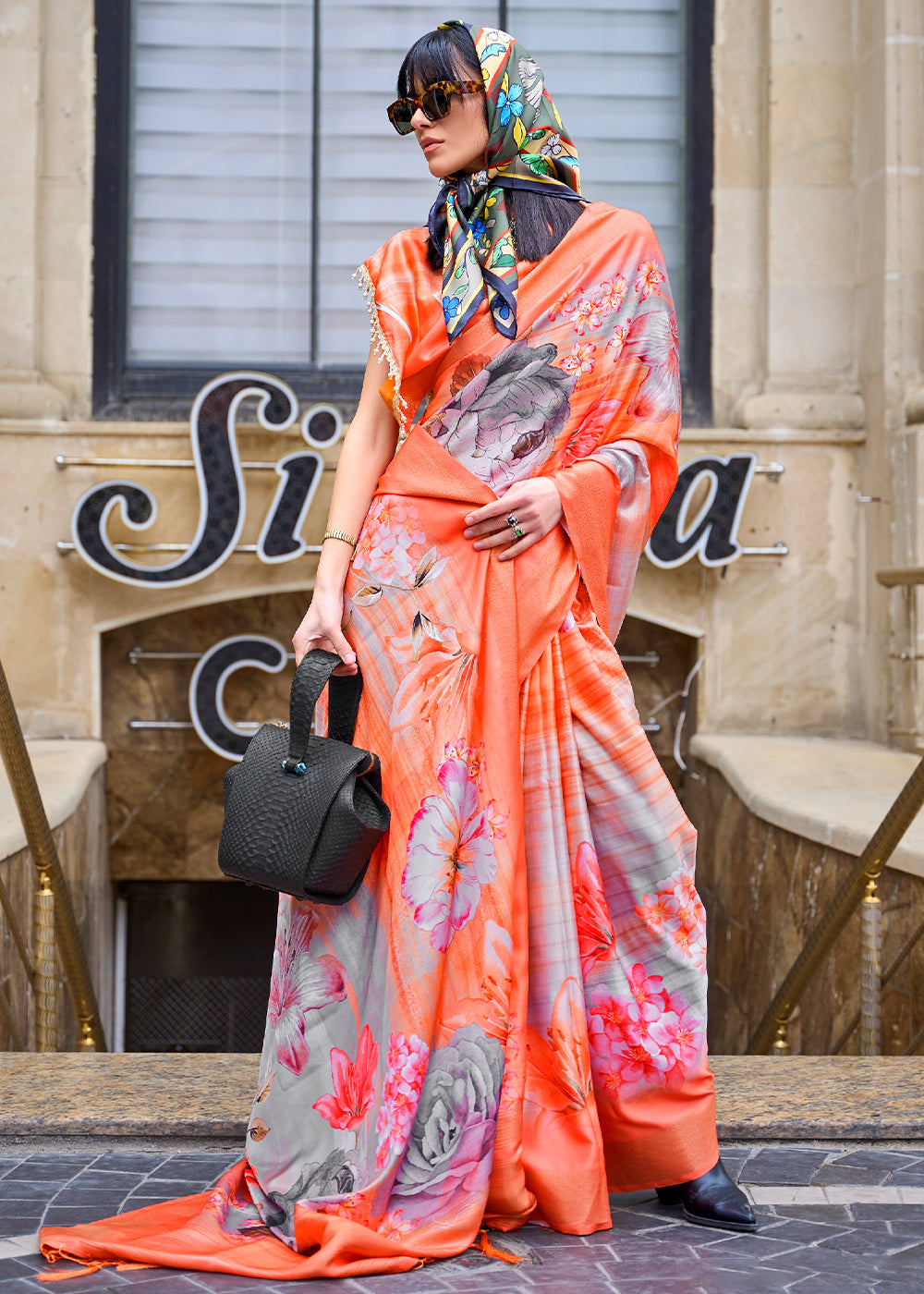 Neon Orange Digital Floral Printed Silk Saree