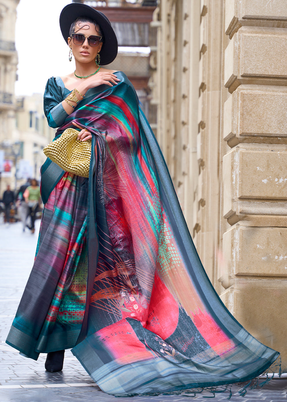 Multi Colored Digital Floral Printed Silk Saree