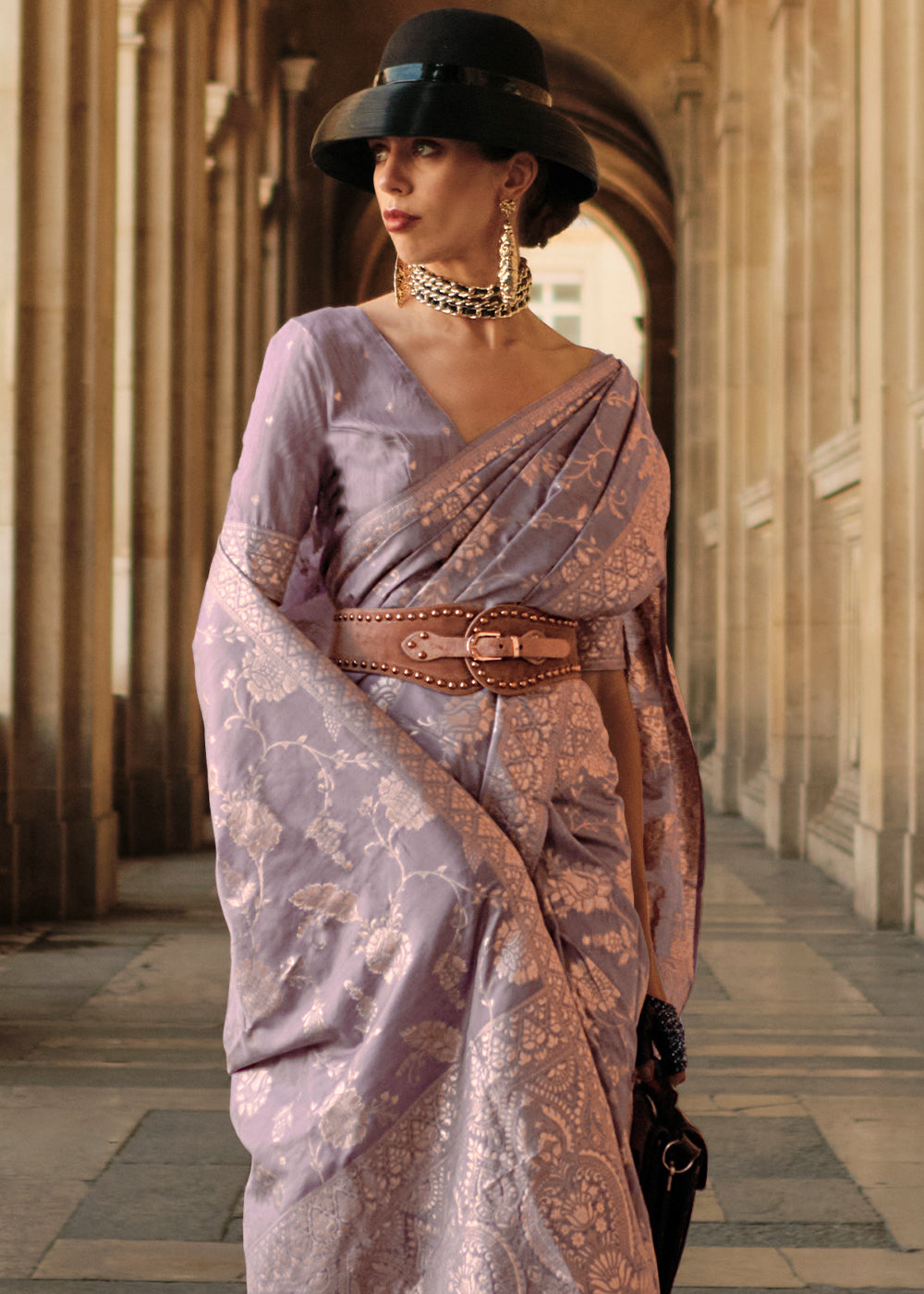 Palatinate Purple Gota Zari Handloom Weaving Silk Saree