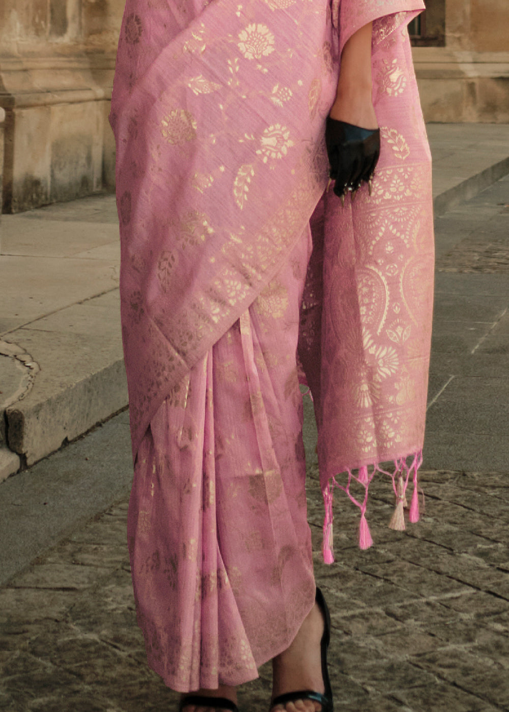 Carnation Pink Gota Zari Handloom Weaving Silk Saree