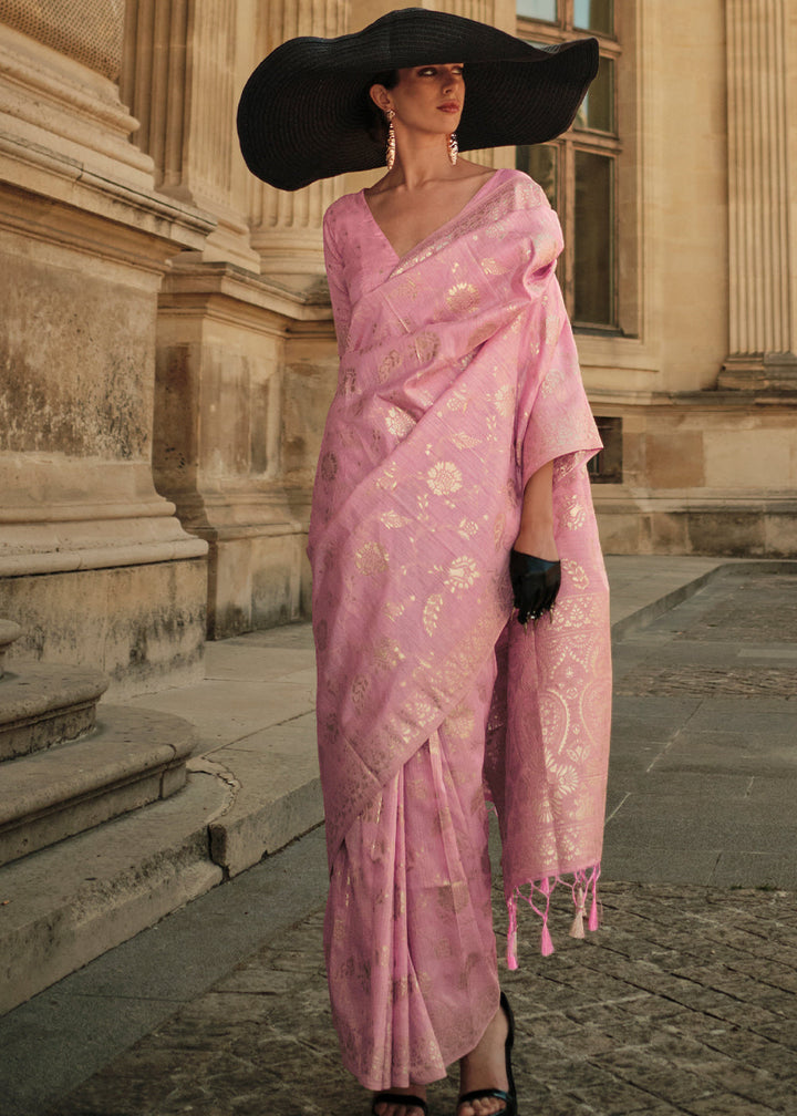 Carnation Pink Gota Zari Handloom Weaving Silk Saree