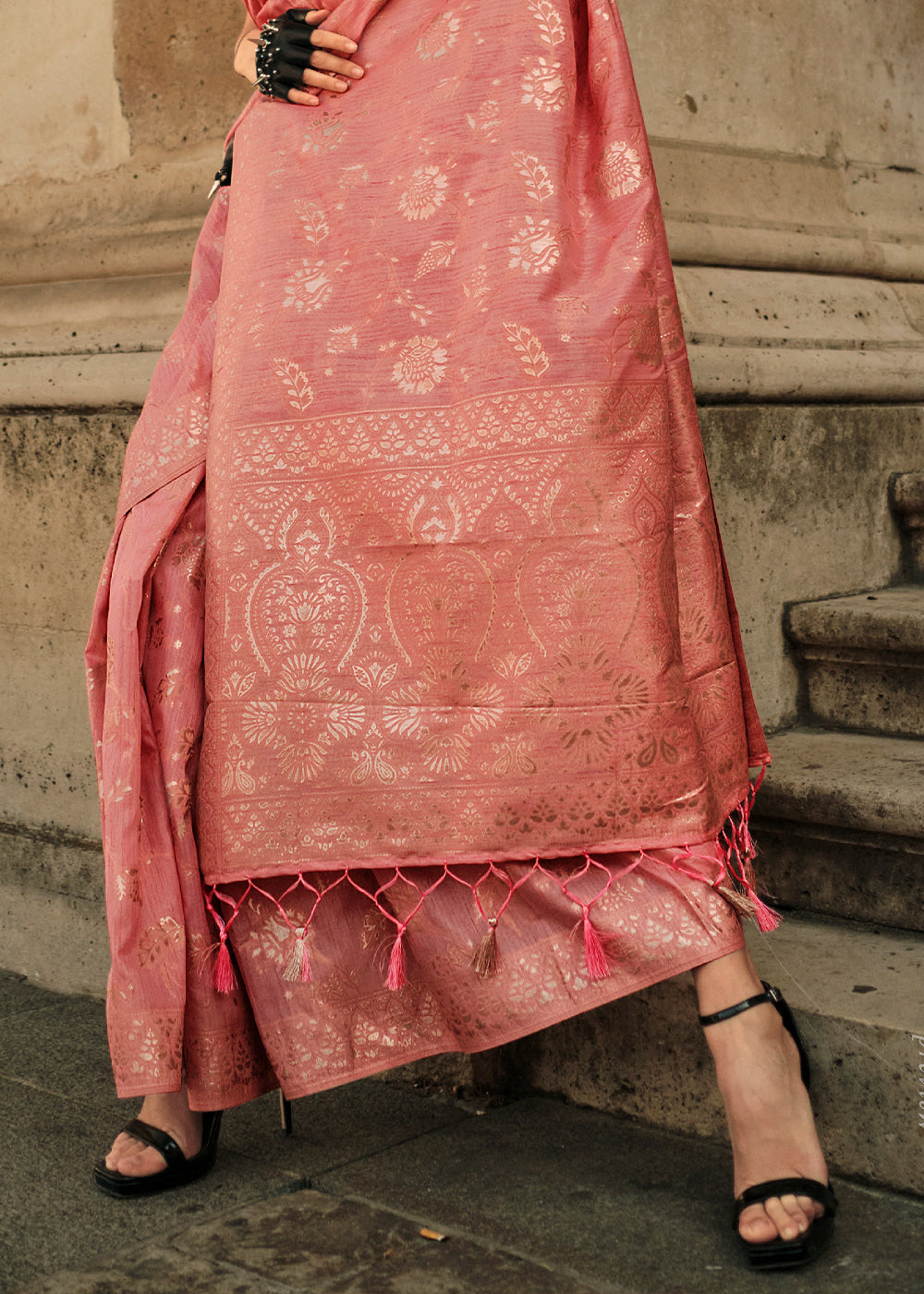 Brink Pink Gota Zari Handloom Weaving Silk Saree