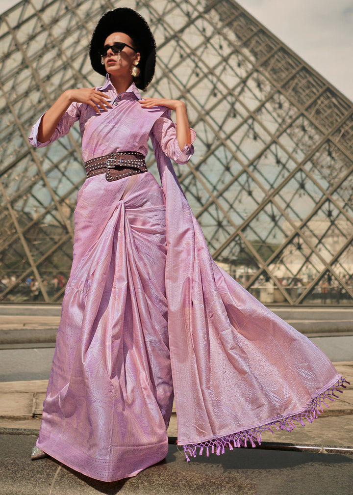 Lilac Purple Woven Satin Silk Saree