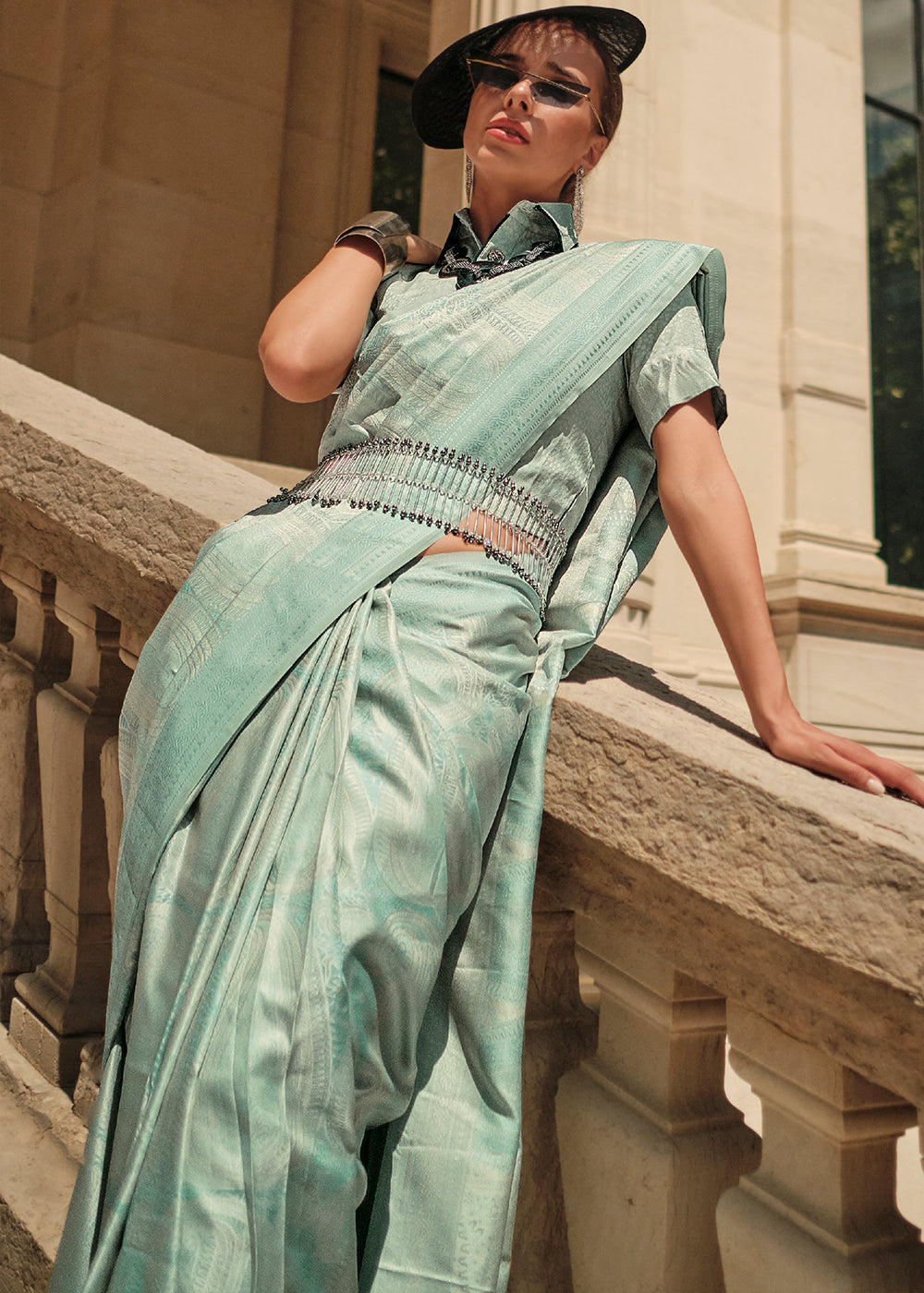 Light Caribbean Green Woven Satin Silk Saree