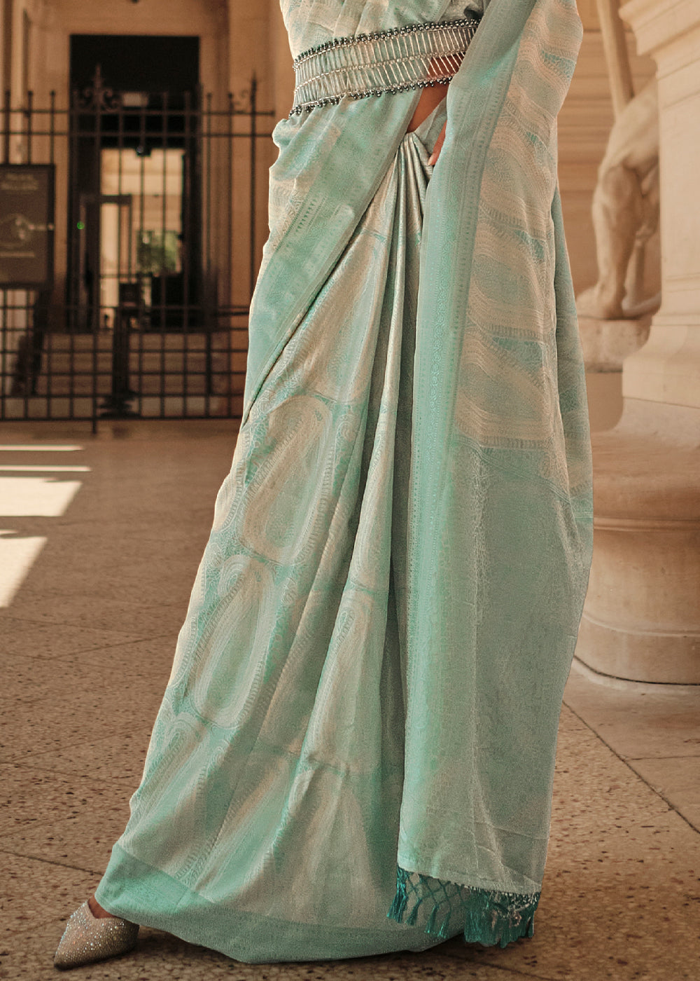 Light Caribbean Green Woven Satin Silk Saree