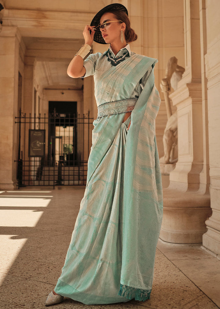 Light Caribbean Green Woven Satin Silk Saree