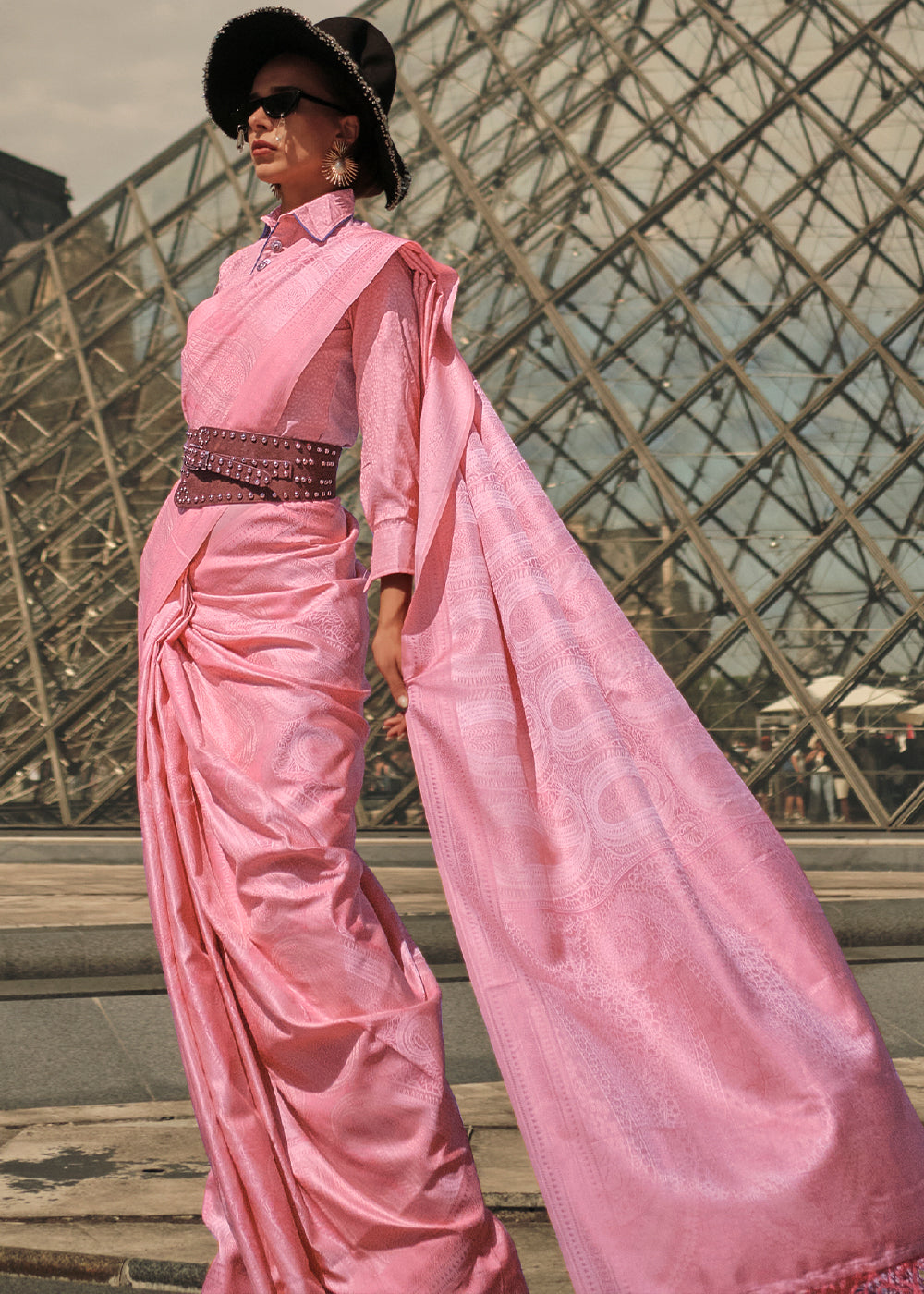 Flamingo Pink Woven Satin Silk Saree