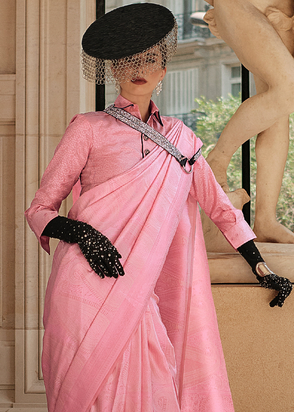 Flamingo Pink Woven Satin Silk Saree