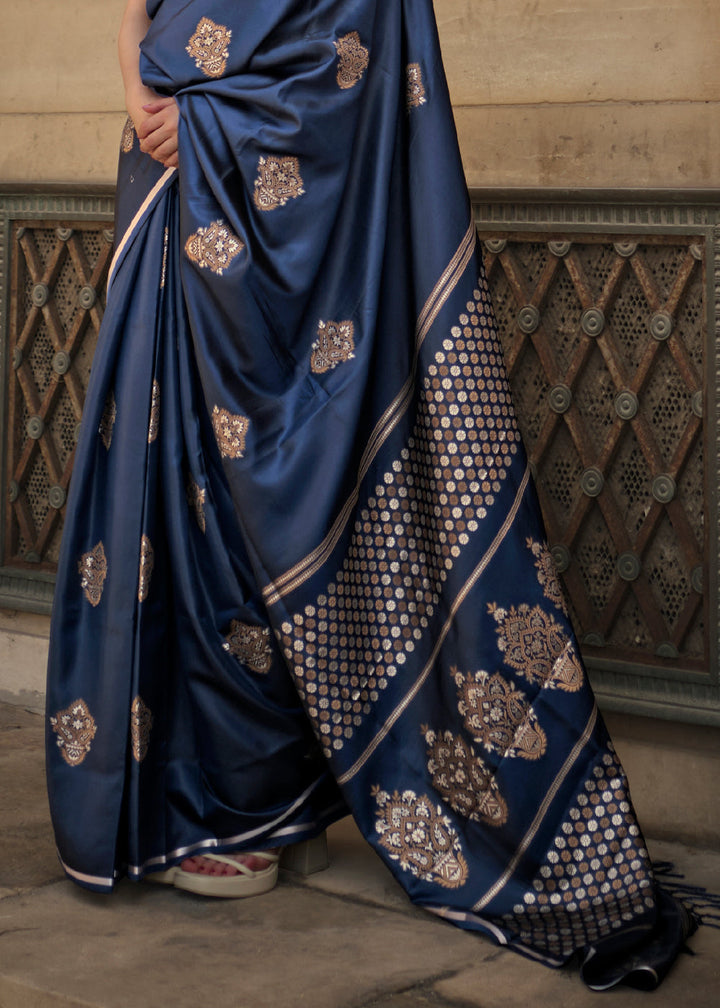 Yale Blue Handloom Woven Satin Silk Saree