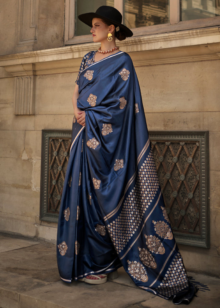 Yale Blue Handloom Woven Satin Silk Saree