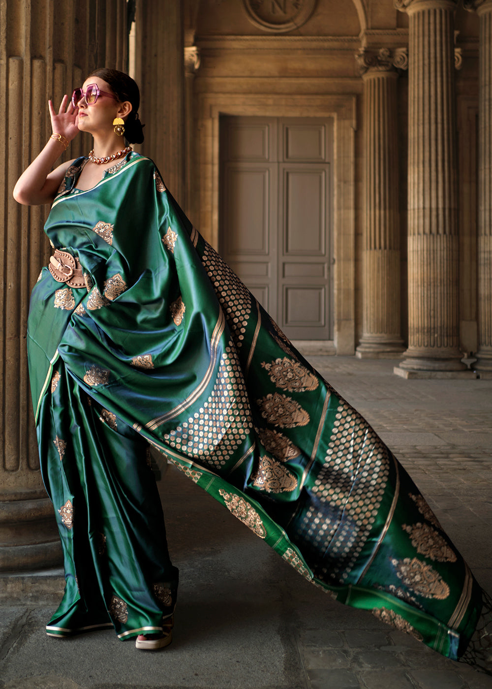 Dark Green Handloom Woven Satin Silk Saree