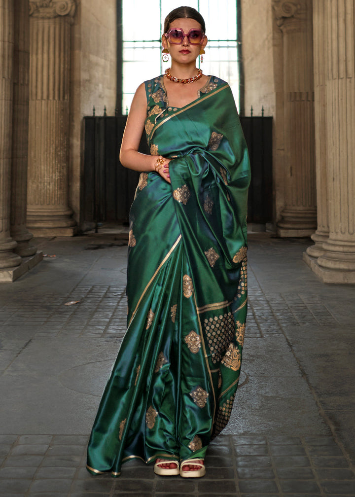 Dark Green Handloom Woven Satin Silk Saree