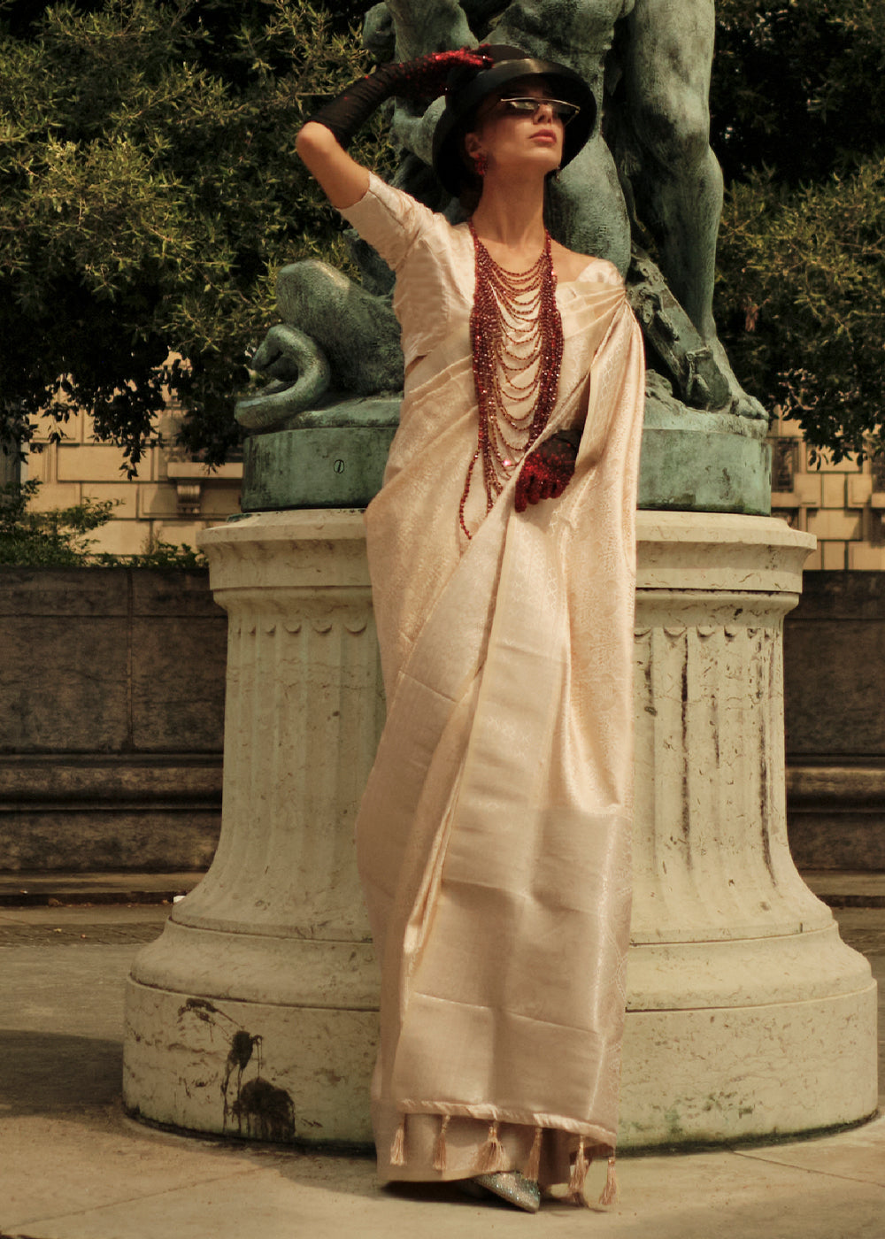 Beige Brown Handloom Woven Satin Silk Saree