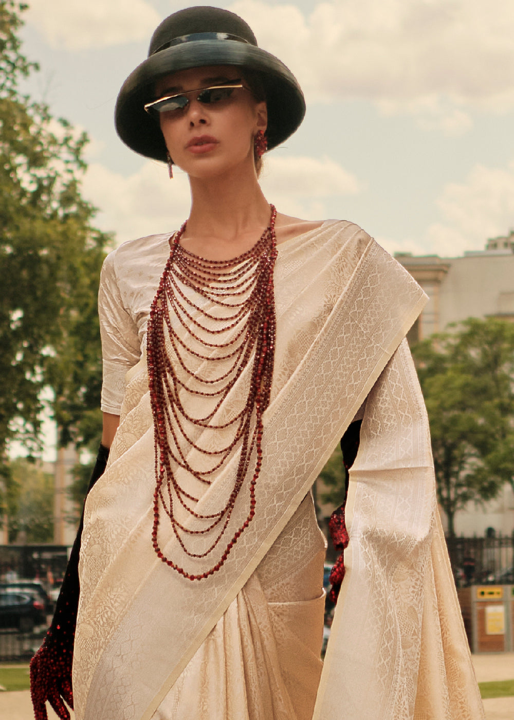 Beige Brown Handloom Woven Satin Silk Saree