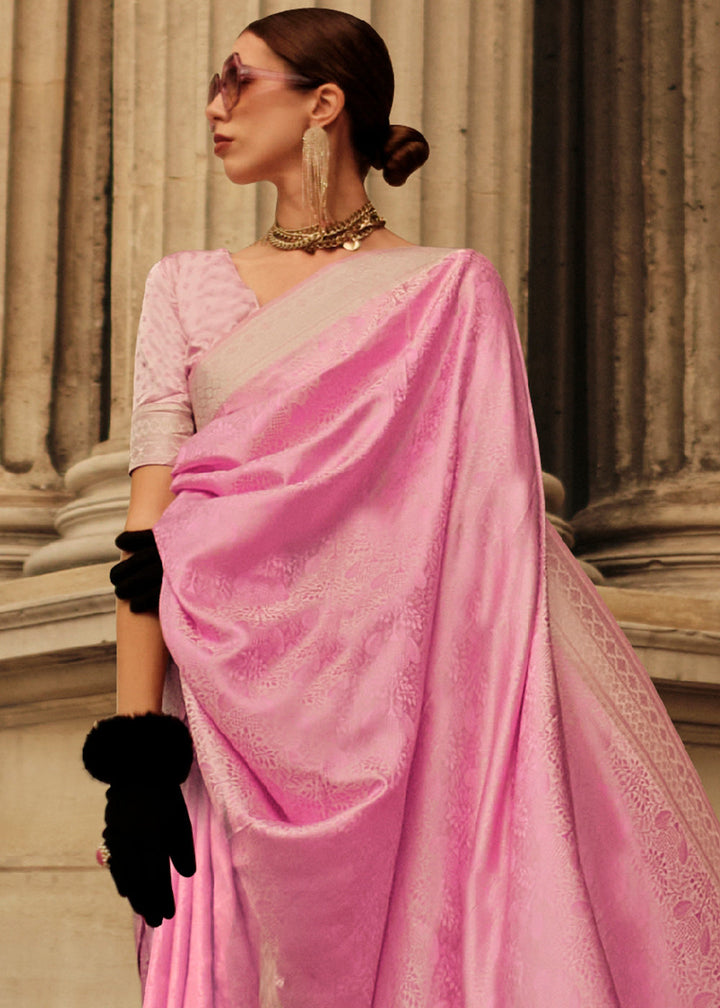 Rose Pink Handloom Woven Satin Silk Saree