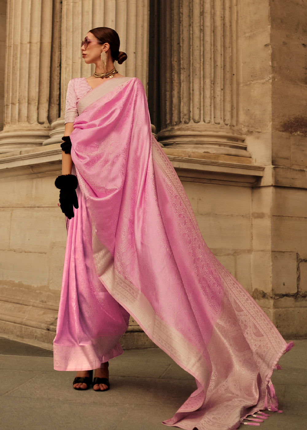 Rose Pink Handloom Woven Satin Silk Saree