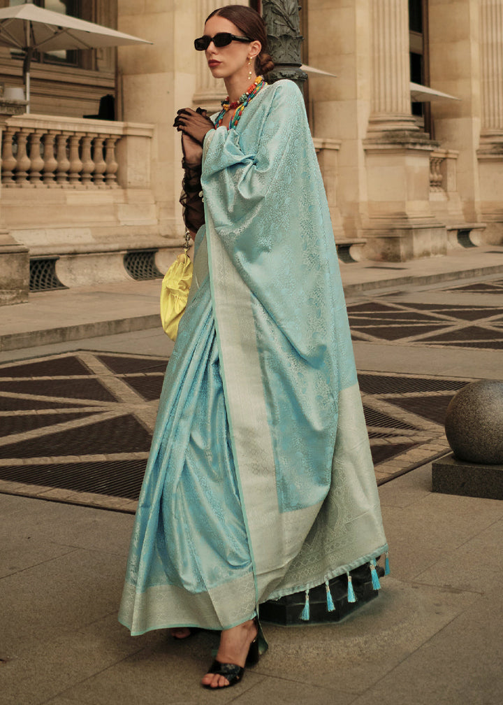 Baby Blue Handloom Woven Satin Silk Saree