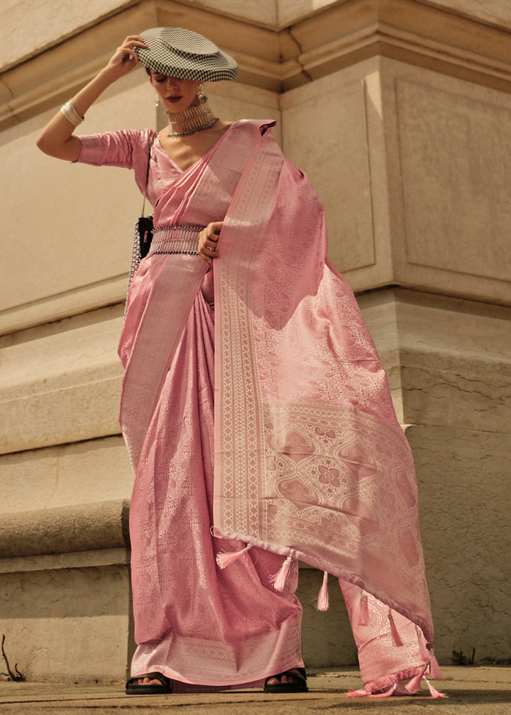 French Rose Pink Handloom Woven Satin Silk Saree