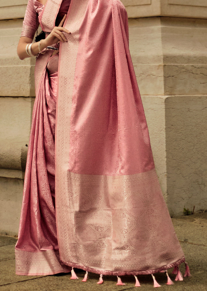 French Rose Pink Handloom Woven Satin Silk Saree