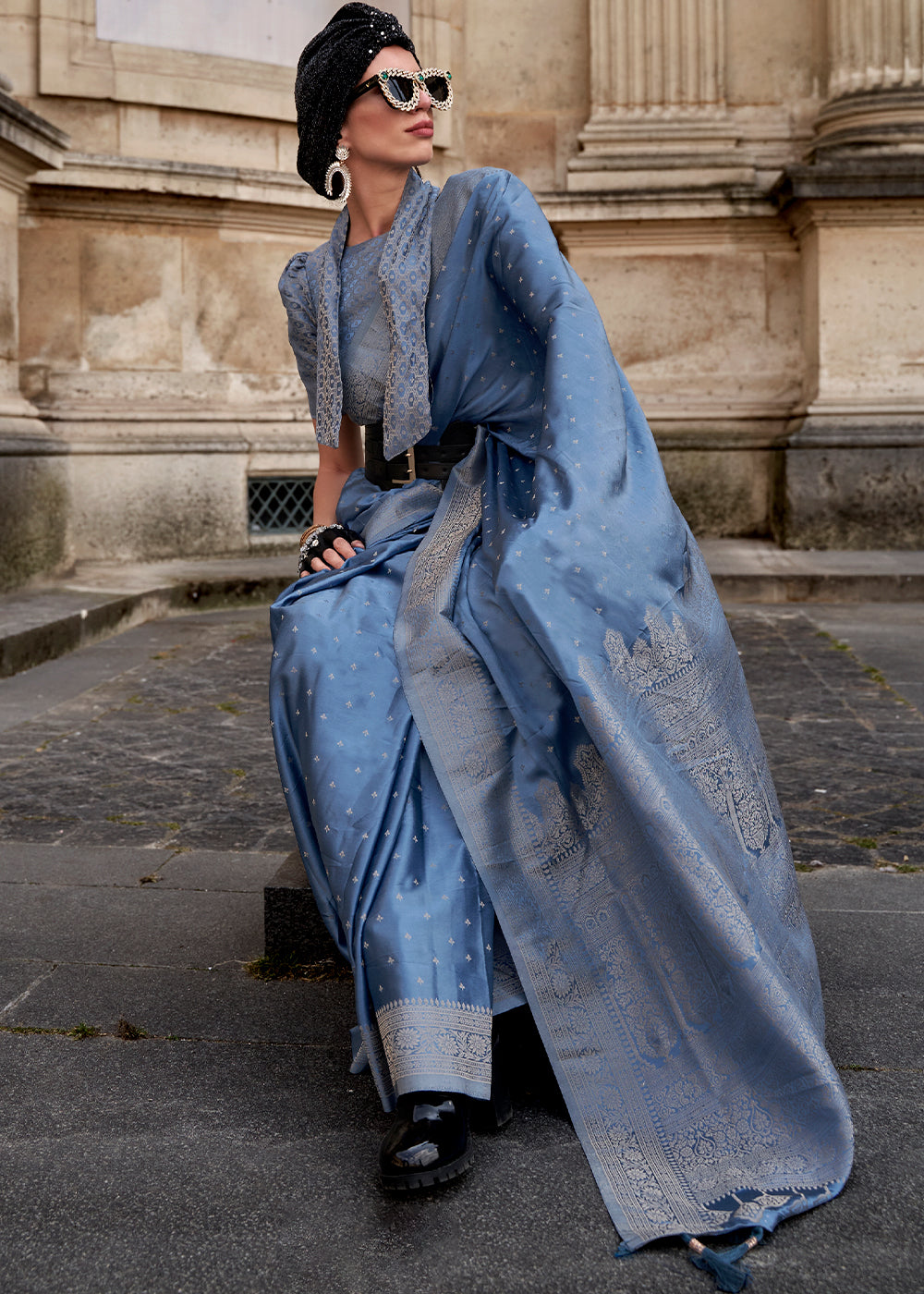 Cornflower Blue Handloom Woven Satin Silk Saree