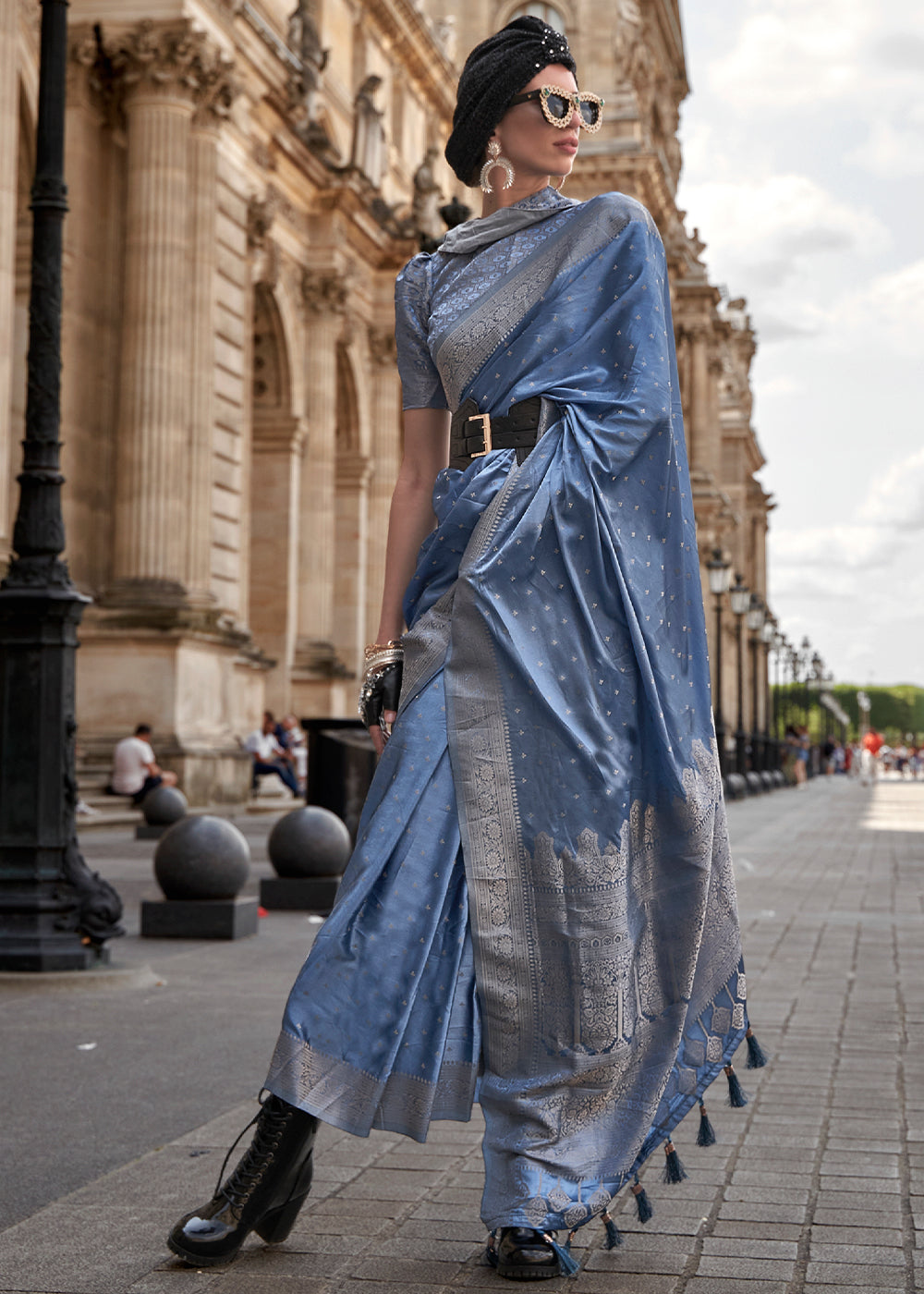 Cornflower Blue Handloom Woven Satin Silk Saree