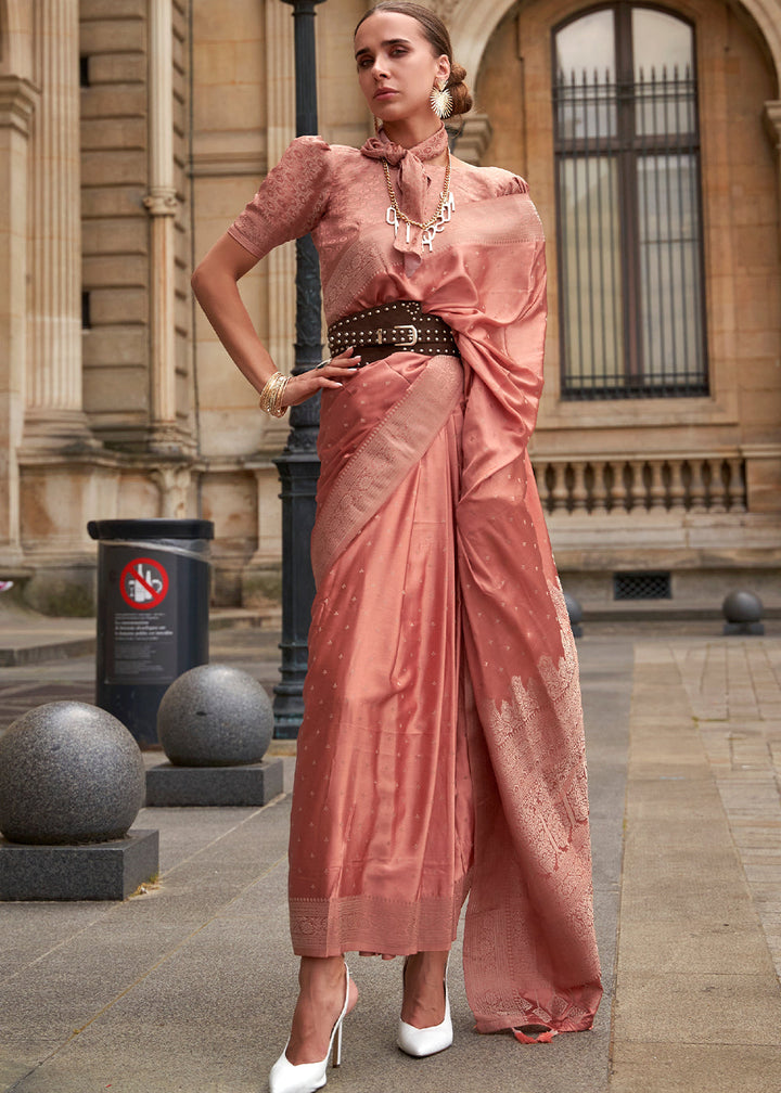 Burnt Sienna Brown Handloom Woven Satin Silk Saree