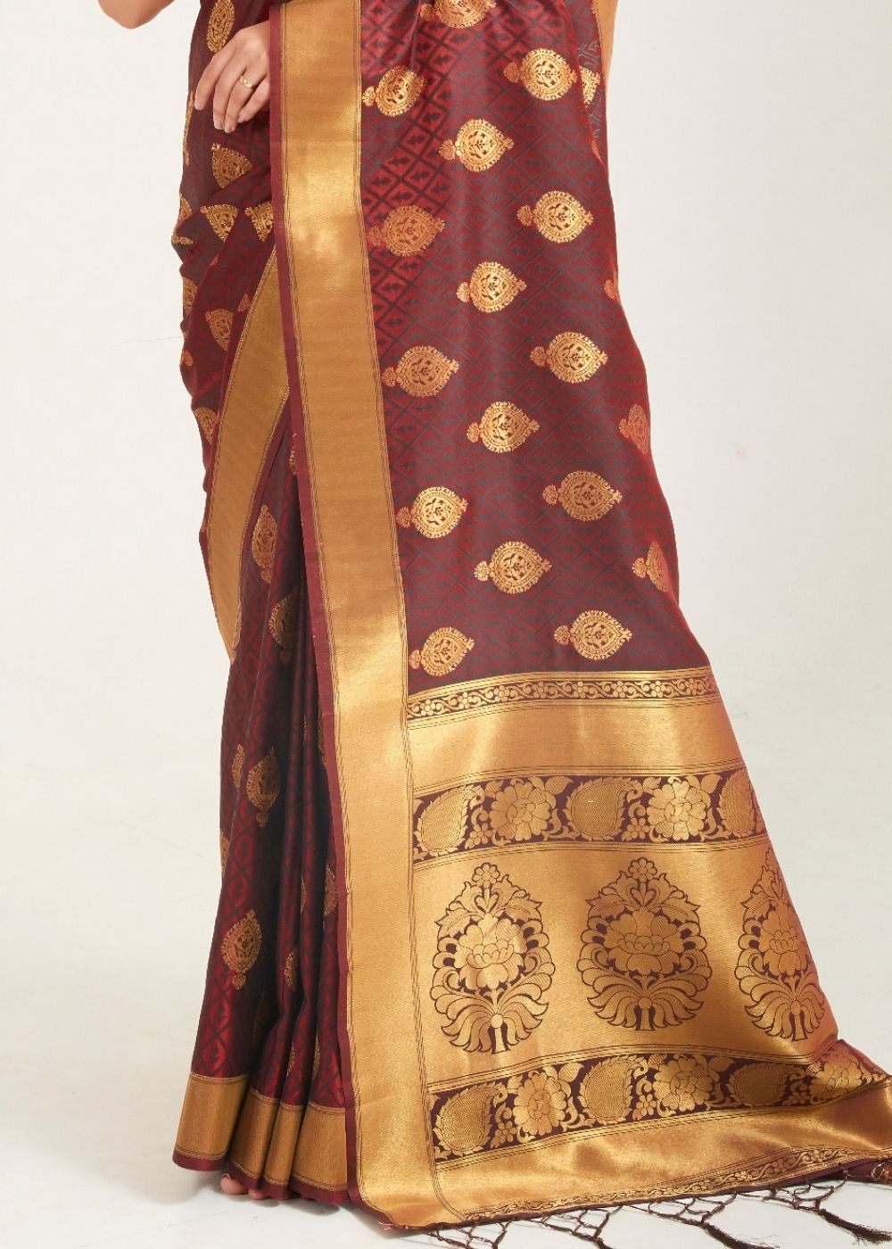 Caramel Brown Zari Butta Woven Banasari Silk Saree