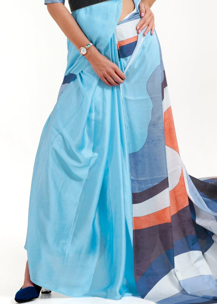 Baby Blue Digital Printed Satin Crepe Saree